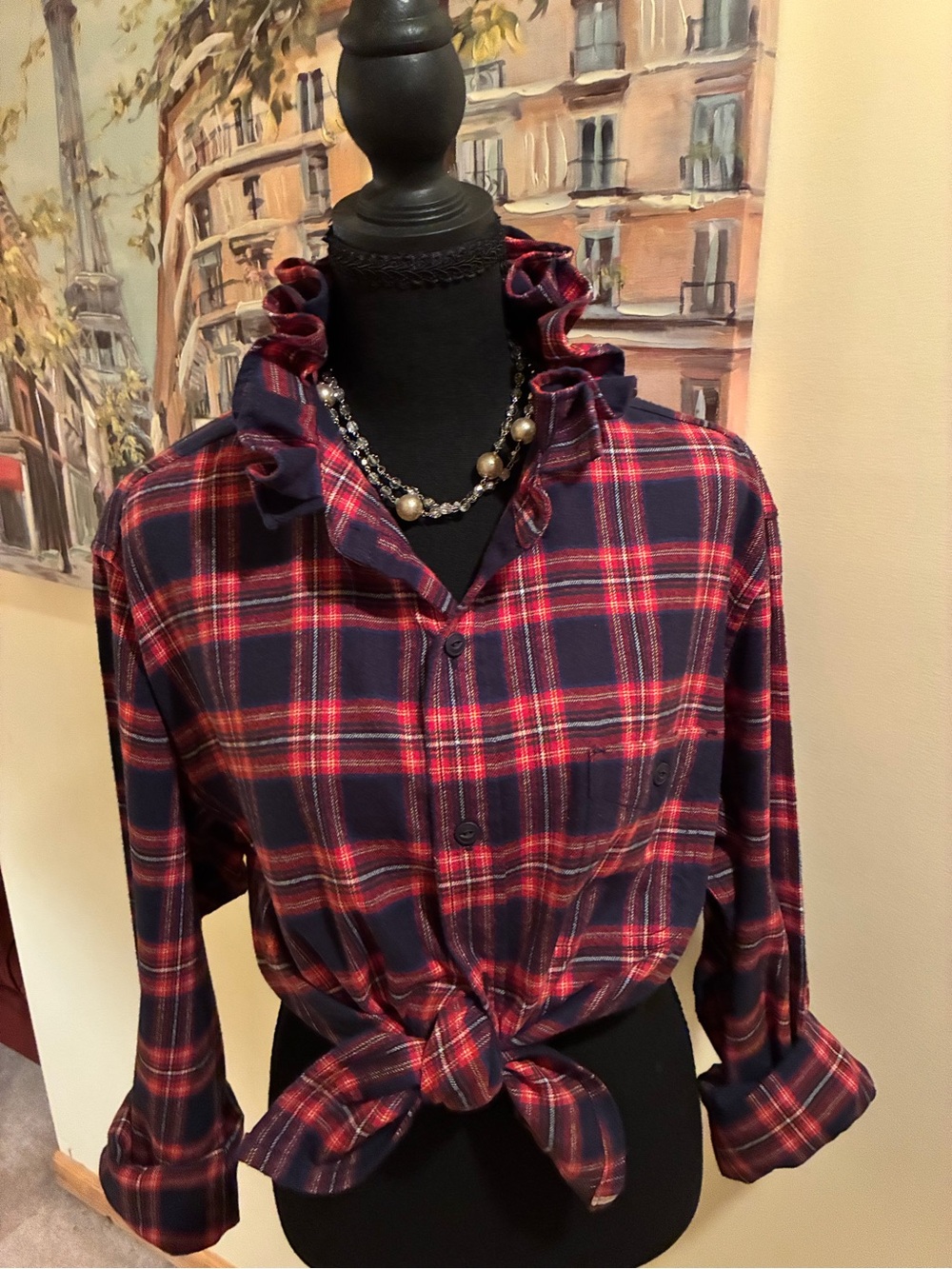 Weatherproof Plaid Ruffle Collar Button-Down Shirt in Navy and Red